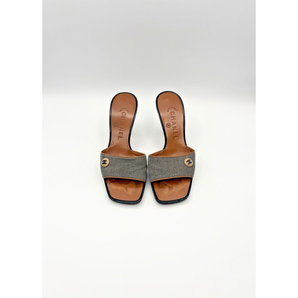 Chanel Gray Canvas Mules w/ CC Button Logo Vintage Y2K Size EU 35